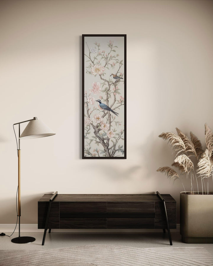Tall Narrow Vertical Chinoiserie Birds on a Branch Canvas Print