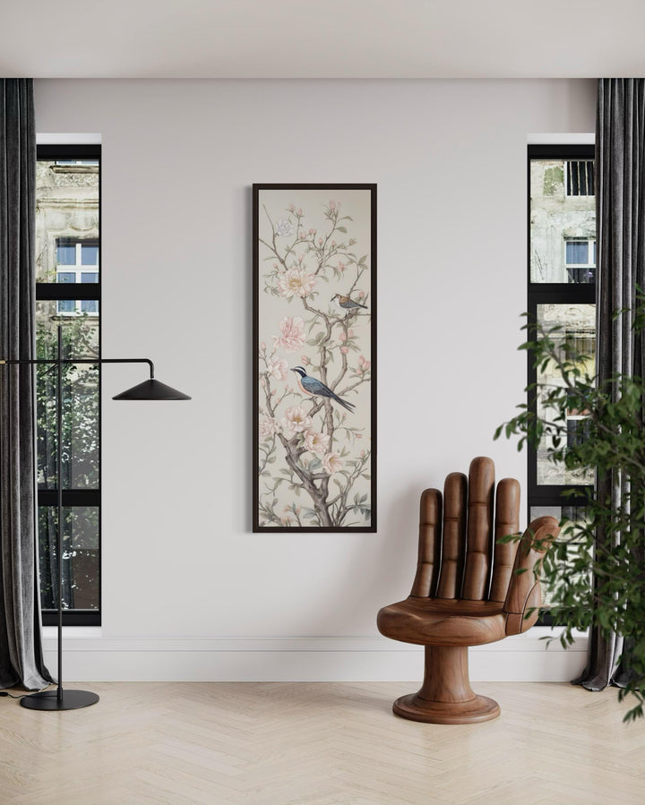 Tall Narrow Vertical Chinoiserie Birds on a Branch Canvas Print