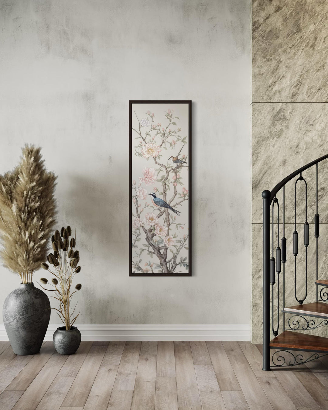 Tall Narrow Vertical Chinoiserie Birds on a Branch Canvas Print