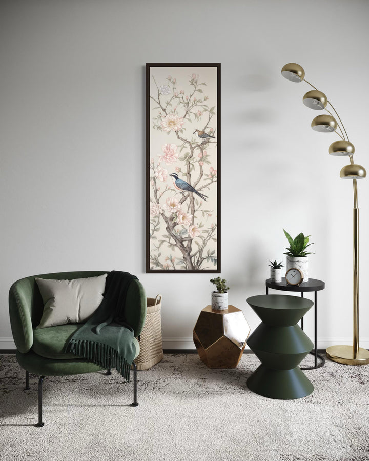 Tall Narrow Vertical Chinoiserie Birds on a Branch Canvas Print