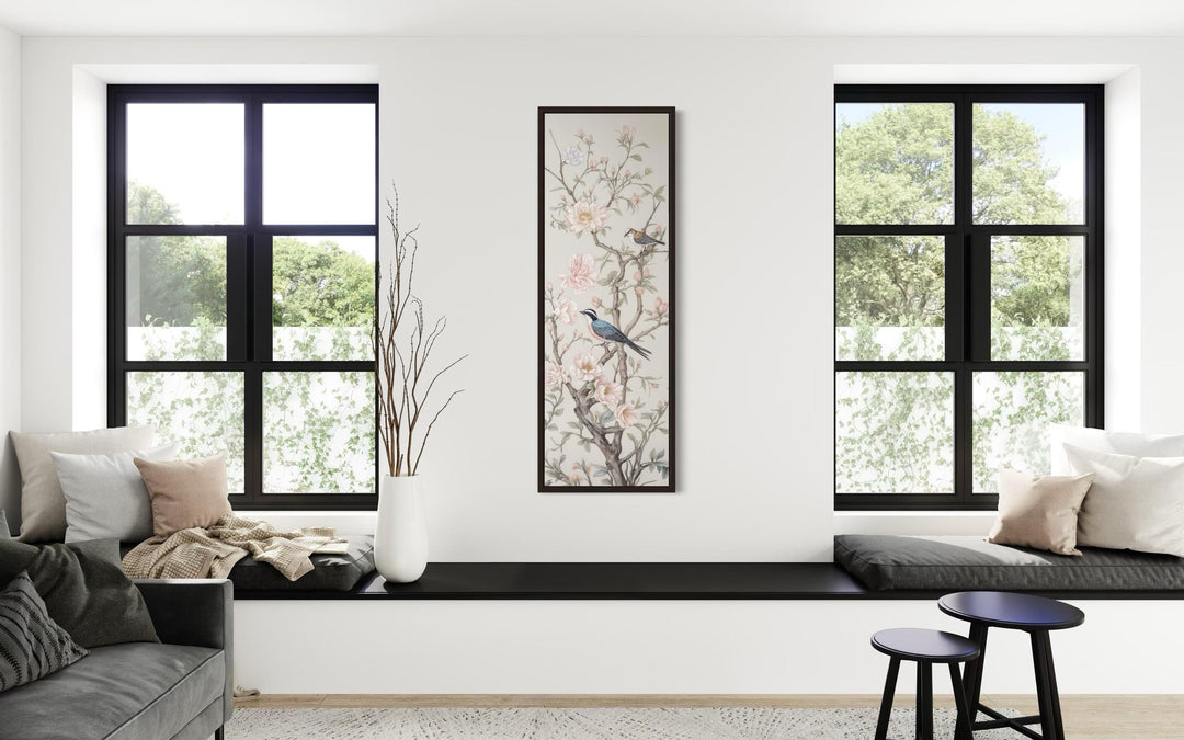 Tall Narrow Vertical Chinoiserie Birds on a Branch Canvas Print