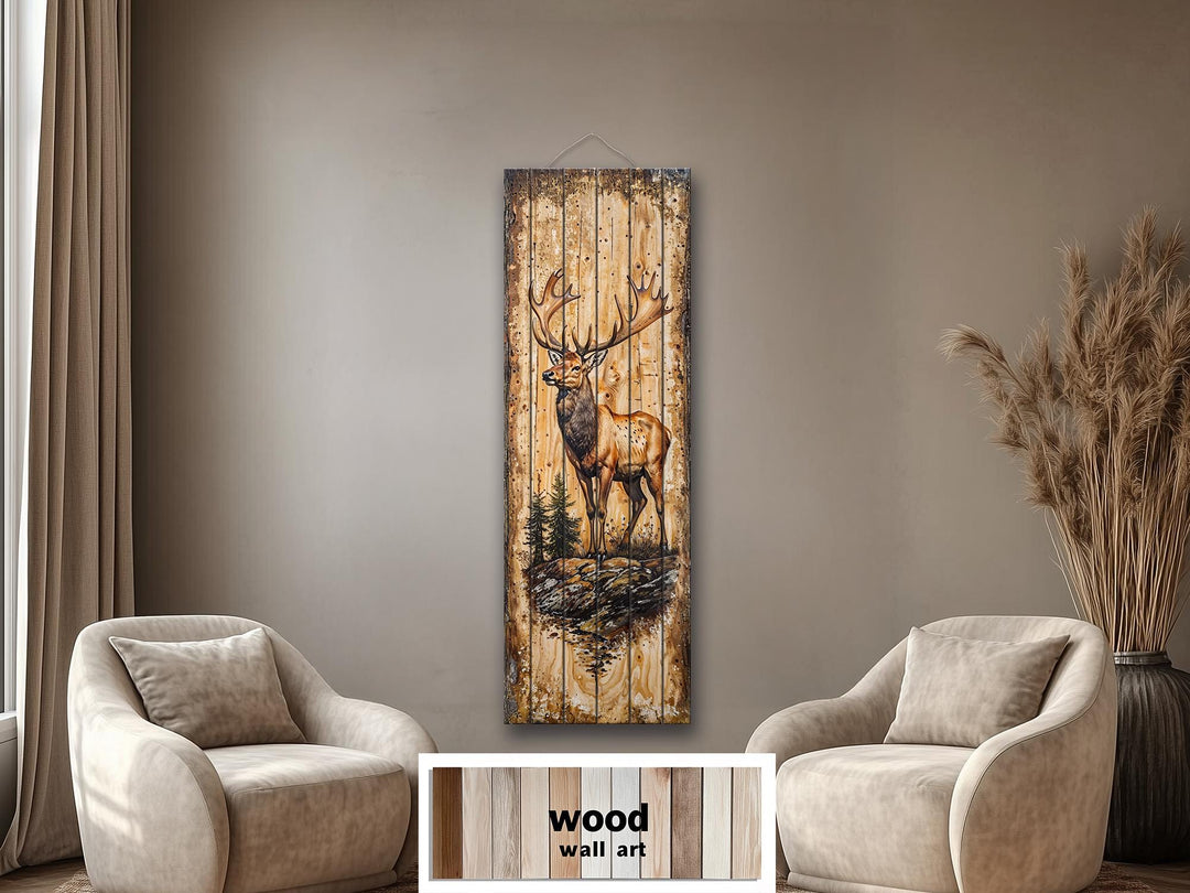 Tall Narrow Vertical Elk Distressed Wood Wall Art