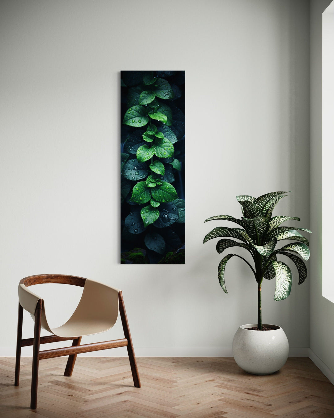 Tall Narrow Vertical Green Leaves Framed Canvas Wall Art