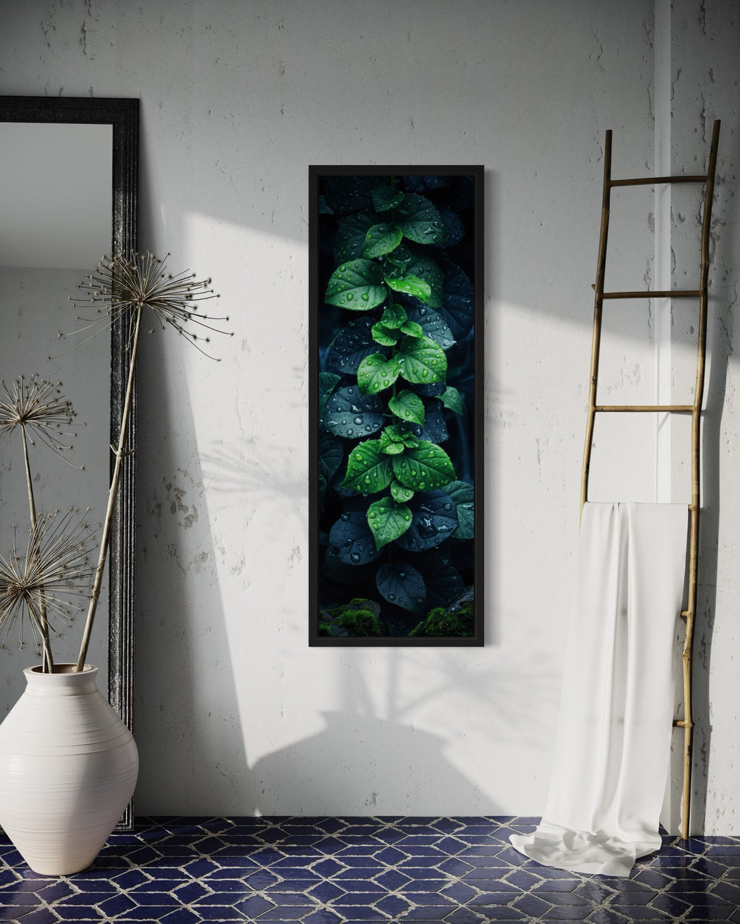 Tall Narrow Vertical Green Leaves Framed Canvas Wall Art