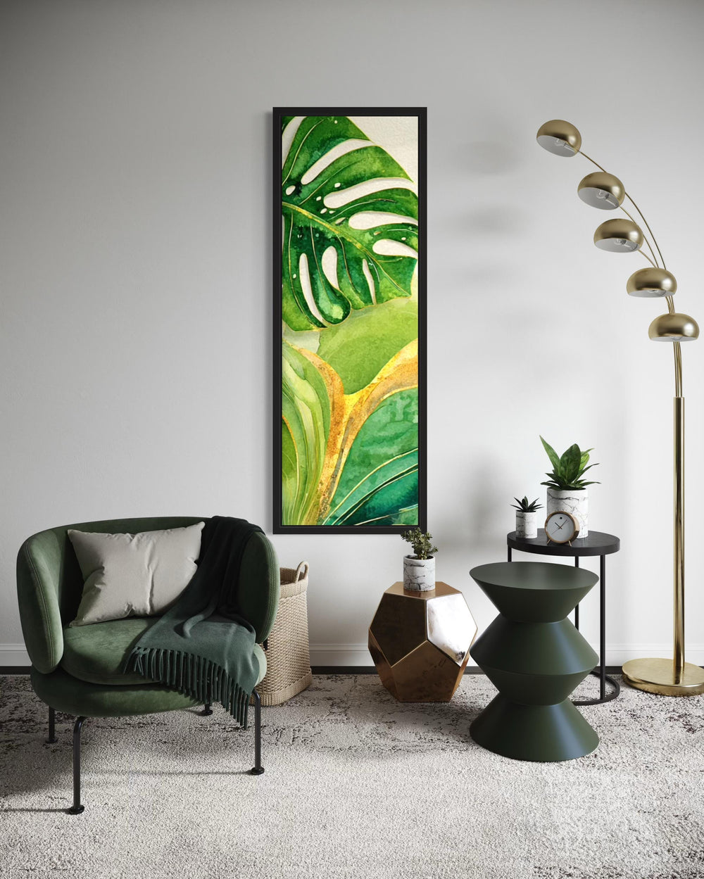 Tall Narrow Vertical Green Yellow Tropical Leaves Canvas Wall Art