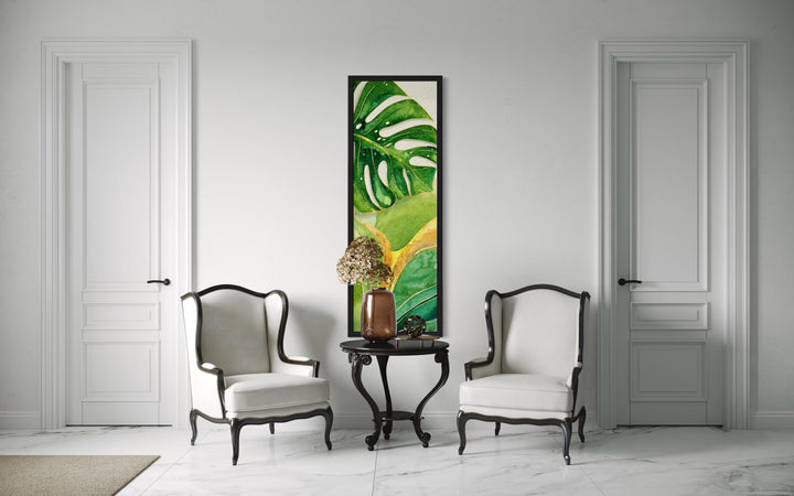 Tall Narrow Vertical Green Yellow Tropical Leaves Canvas Wall Art