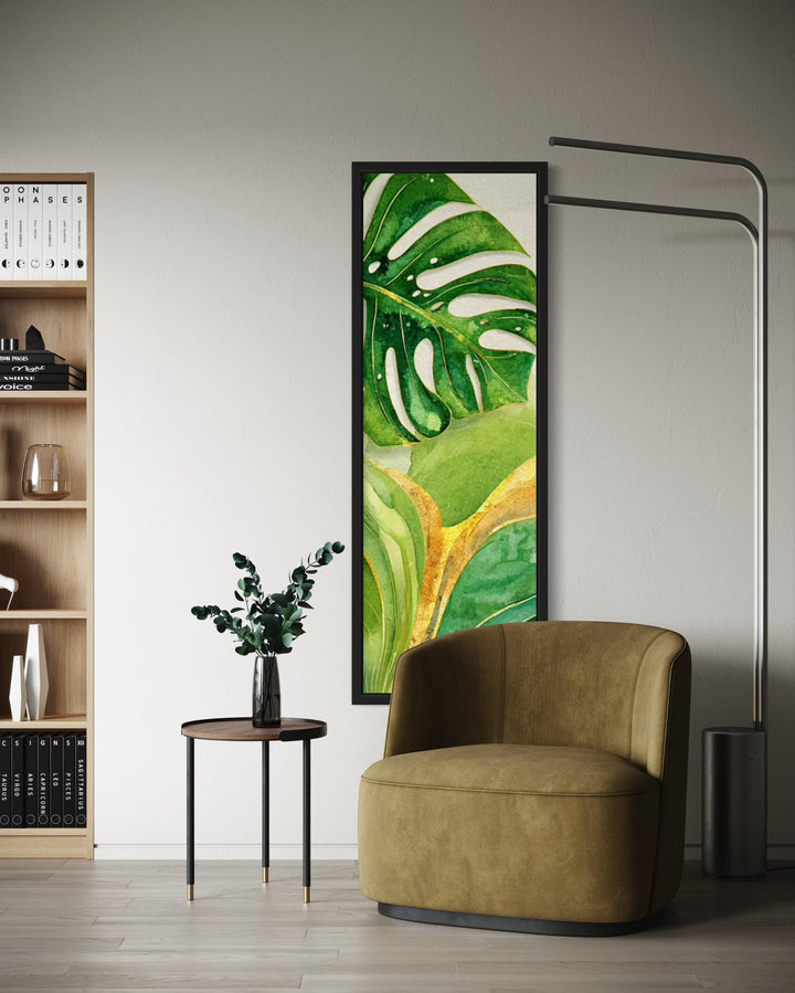 Tall Narrow Vertical Green Yellow Tropical Leaves Canvas Wall Art