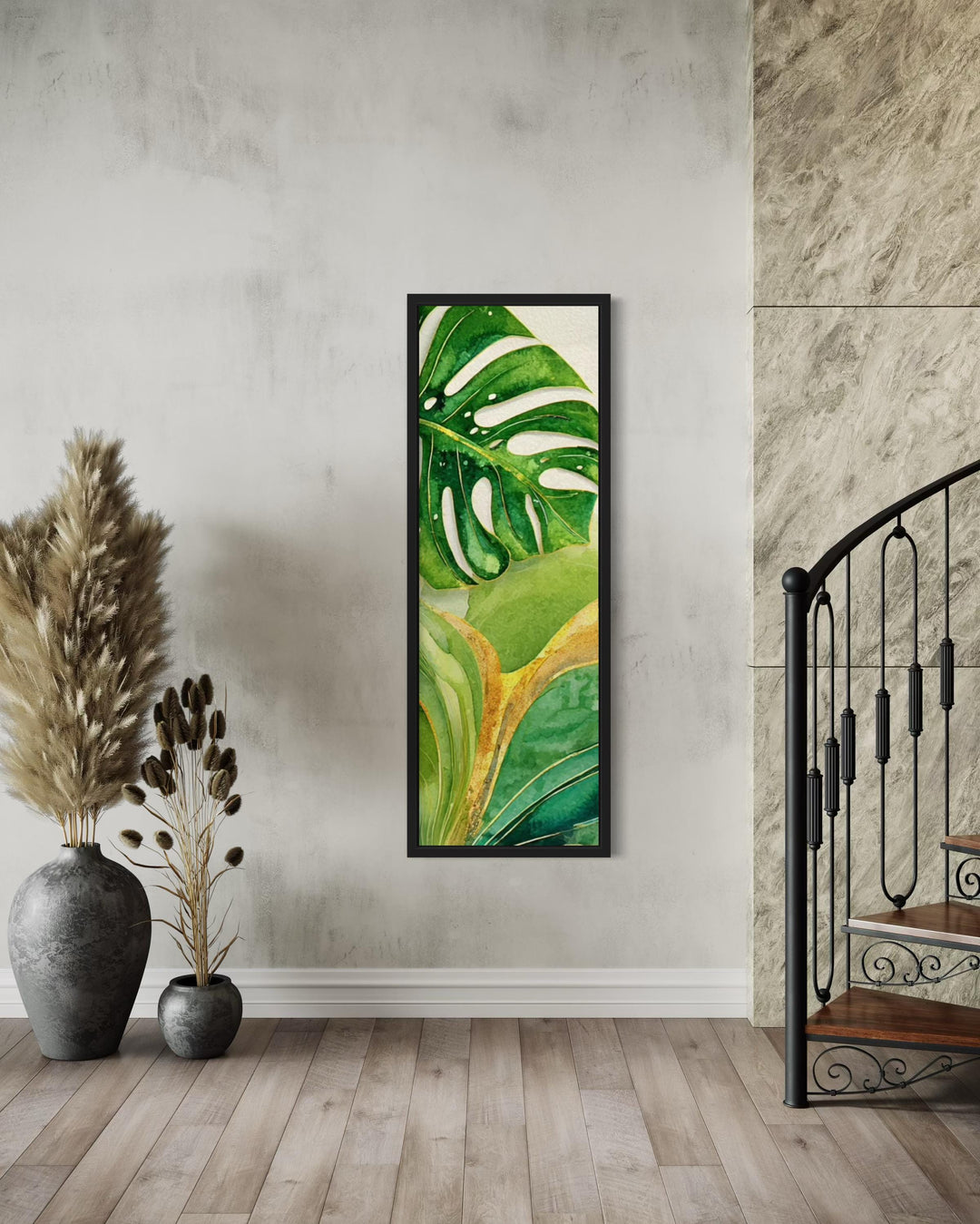 Tall Narrow Vertical Green Yellow Tropical Leaves Canvas Wall Art