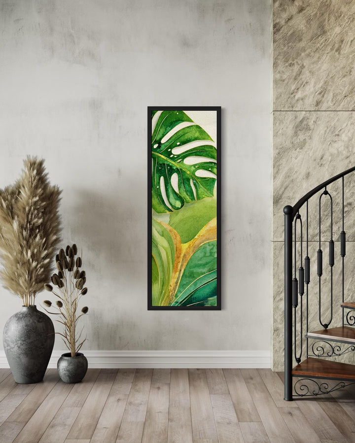 Tall Narrow Vertical Green Yellow Tropical Leaves Canvas Wall Art