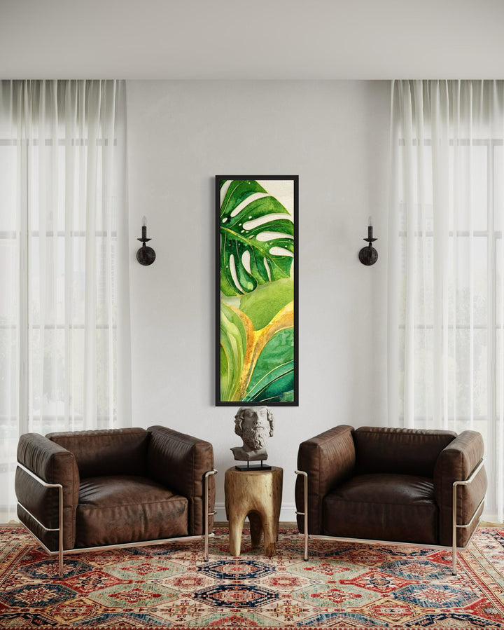 Tall Narrow Vertical Green Yellow Tropical Leaves Canvas Wall Art