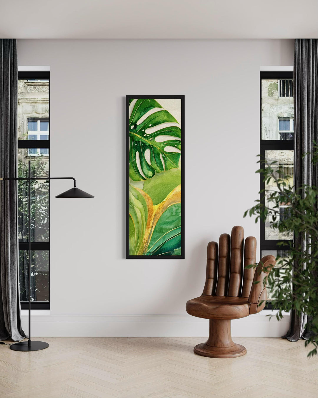 Tall Narrow Vertical Green Yellow Tropical Leaves Canvas Wall Art