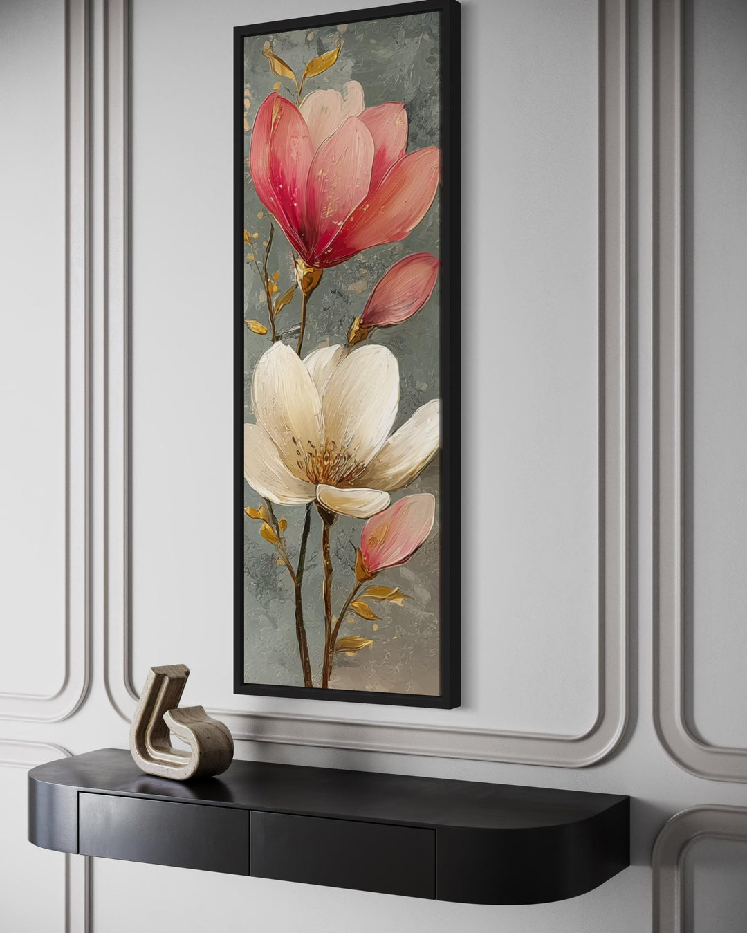 Tall Narrow Vertical Grey Pink Magnolia Floral Canvas Wall Art