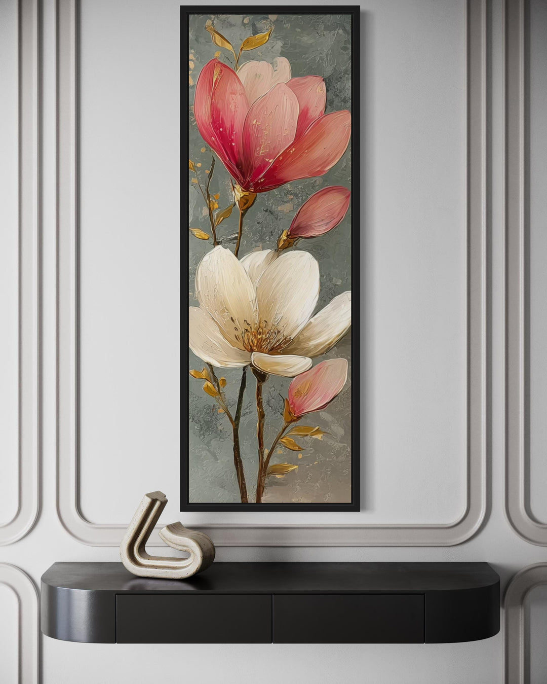 Tall Narrow Vertical Grey Pink Magnolia Floral Canvas Wall Art