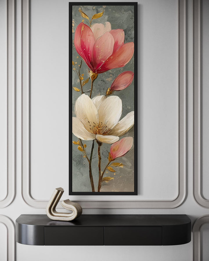 Tall Narrow Vertical Grey Pink Magnolia Floral Canvas Wall Art