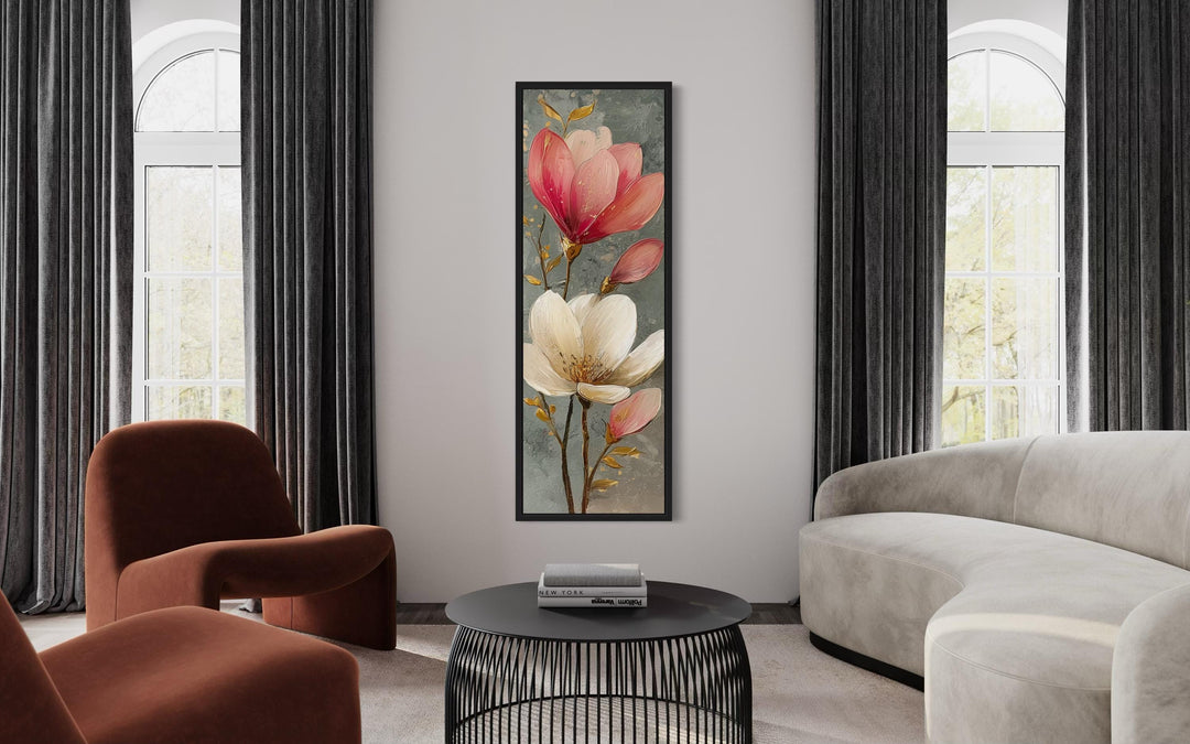 Tall Narrow Vertical Grey Pink Magnolia Floral Canvas Wall Art