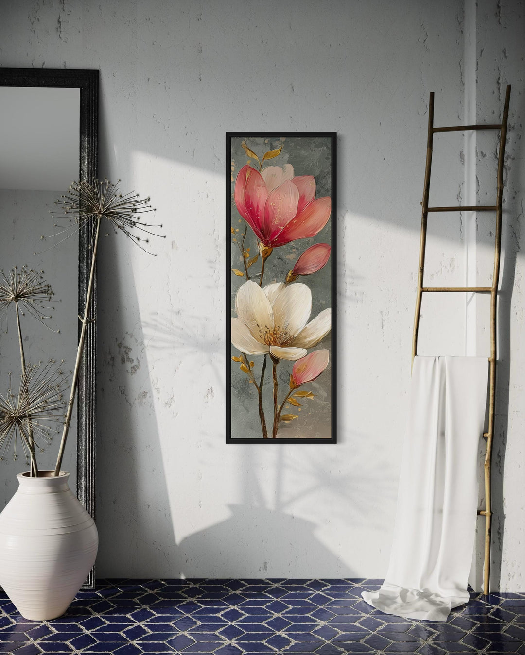Tall Narrow Vertical Grey Pink Magnolia Floral Canvas Wall Art