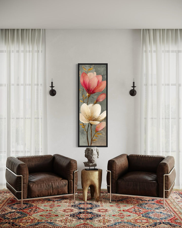 Tall Narrow Vertical Grey Pink Magnolia Floral Canvas Wall Art
