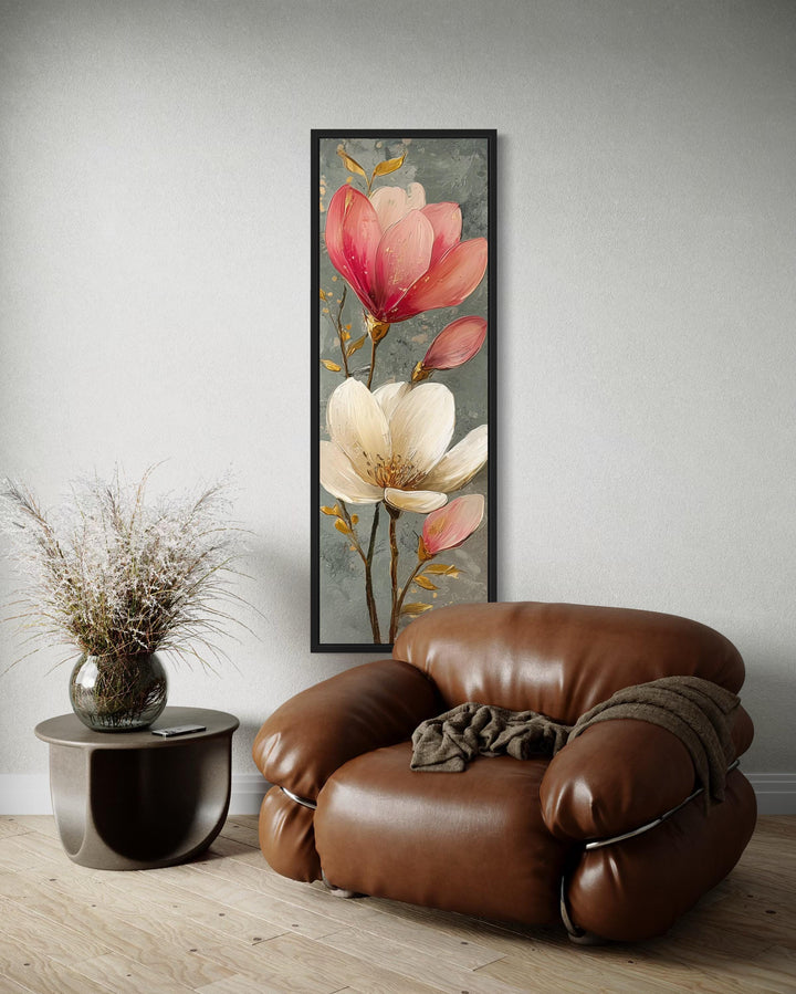 Tall Narrow Vertical Grey Pink Magnolia Floral Canvas Wall Art