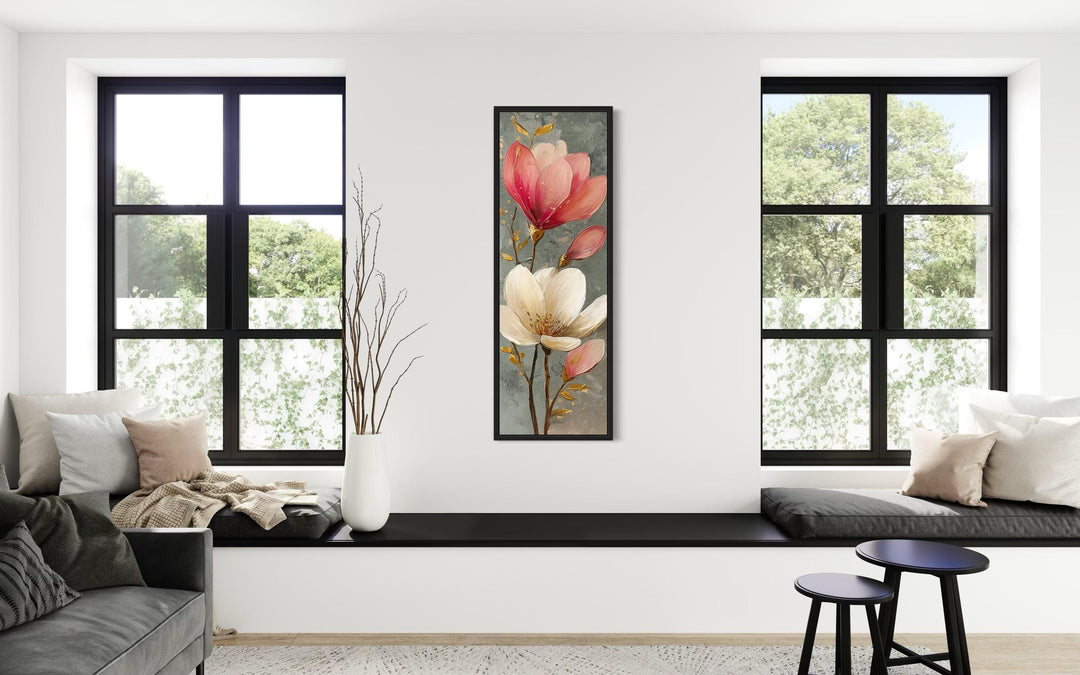 Tall Narrow Vertical Grey Pink Magnolia Floral Canvas Wall Art