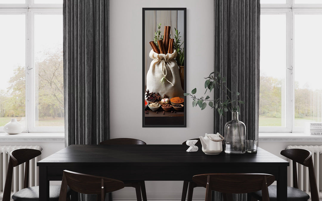 Tall narrow vertical framed canvas wall art featuring herbs and spices in a kitchen setting.