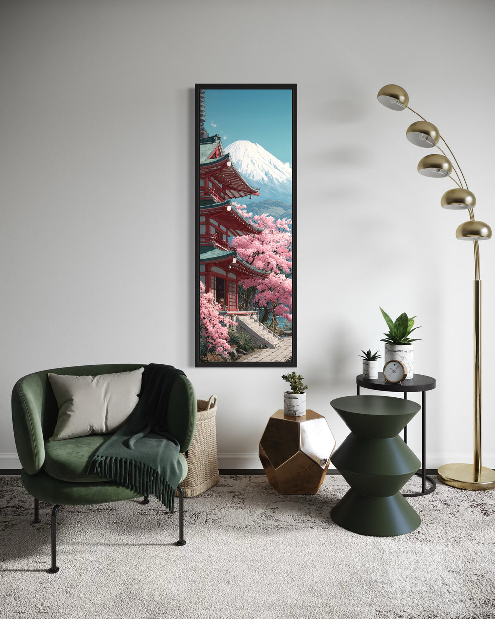 Tall Narrow Vertical Japanese Mt. Fuji Cherry Blossom Landscape Framed Canvas Wall Art