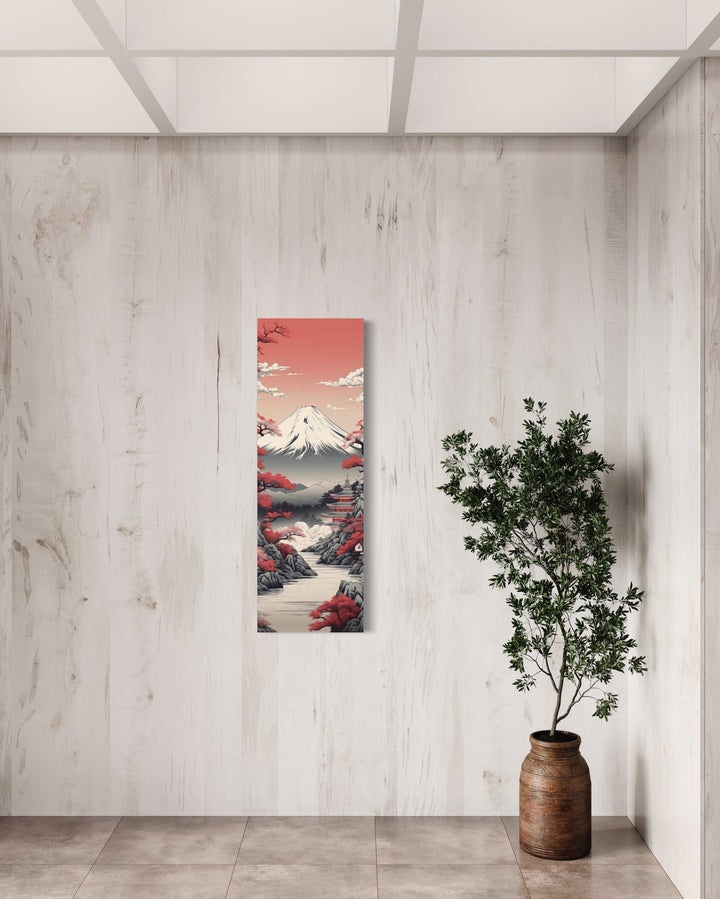 Tall Narrow Vertical Japanese Mt. Fuji Cherry Blossom Landscape Framed Canvas Wall Art