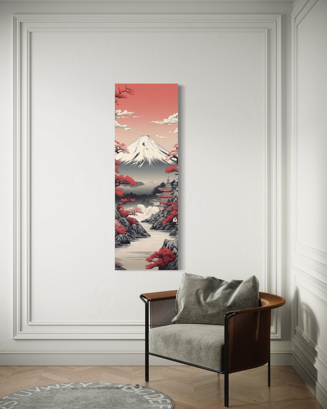 Tall Narrow Vertical Japanese Mt. Fuji Cherry Blossom Landscape Wall Hanging