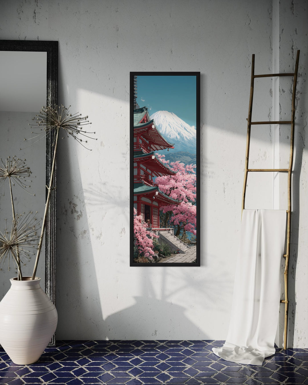 Tall Narrow Vertical Japanese Mt. Fuji Cherry Blossom Landscape Framed Canvas Wall Art