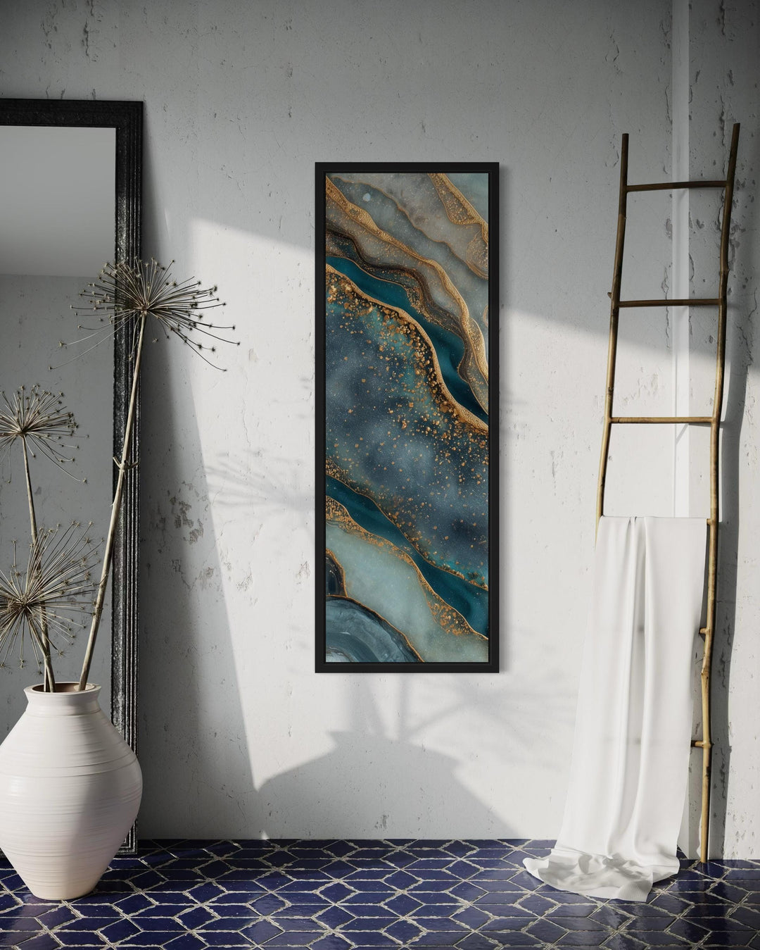 Tall Narrow Vertical Marble Inspired Abstract Teal Blue Gold Canvas Print