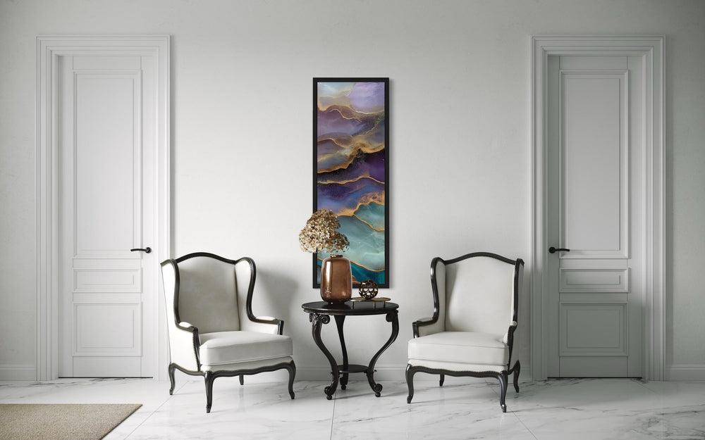 Tall Narrow Vertical Marble Inspired Abstract Teal Purple Green Canvas Wall Art