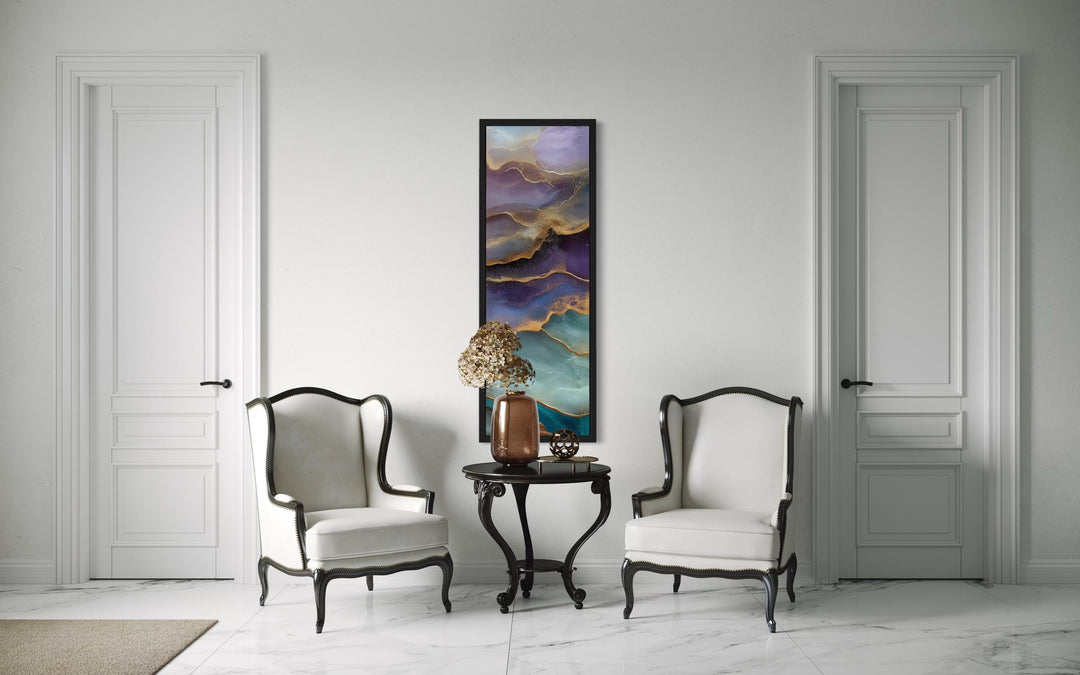 Tall Narrow Vertical Marble Inspired Abstract Teal Purple Green Canvas Wall Art