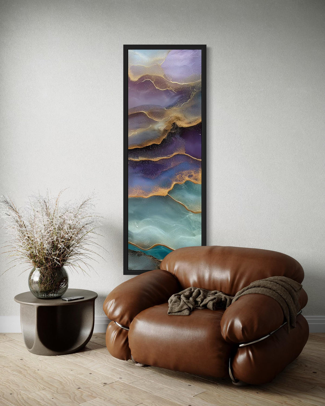 Tall Narrow Vertical Marble Inspired Abstract Teal Purple Green Canvas Wall Art