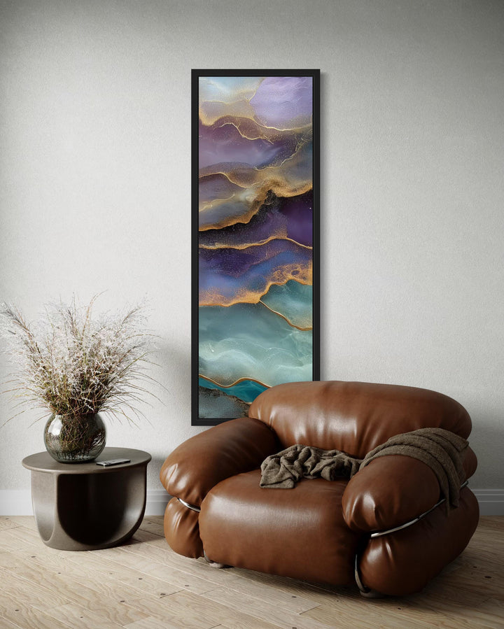 Tall Narrow Vertical Marble Inspired Abstract Teal Purple Green Canvas Wall Art
