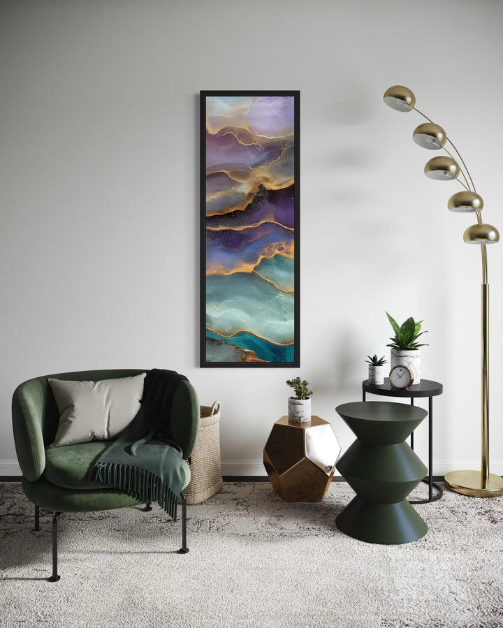 Tall Narrow Vertical Marble Inspired Abstract Teal Purple Green Canvas Wall Art