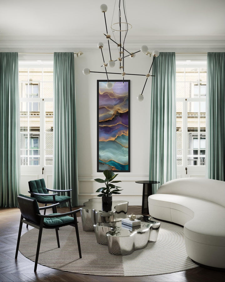 Tall Narrow Vertical Marble Inspired Abstract Teal Purple Green Canvas Wall Art