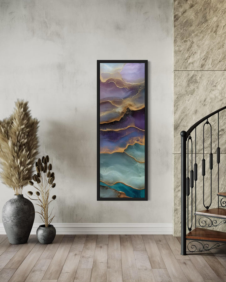 Tall Narrow Vertical Marble Inspired Abstract Teal Purple Green Canvas Wall Art