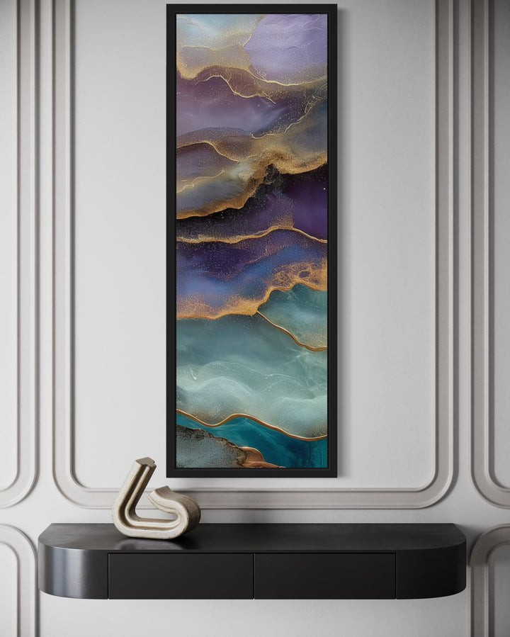 Tall Narrow Vertical Marble Inspired Abstract Teal Purple Green Canvas Wall Art