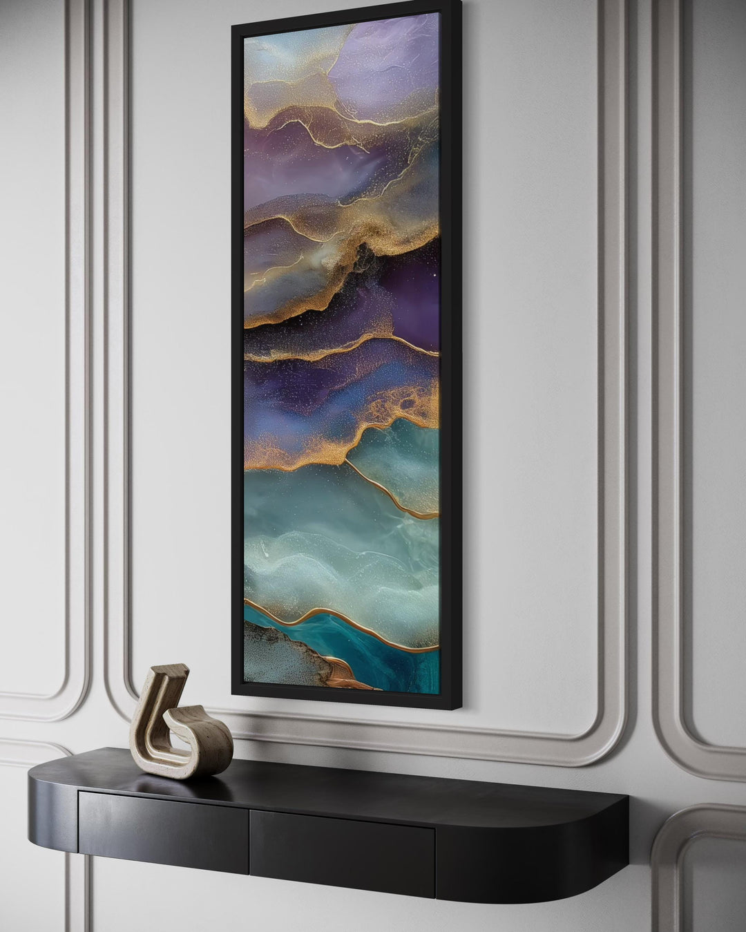 Tall Narrow Vertical Marble Inspired Abstract Teal Purple Green Canvas Wall Art