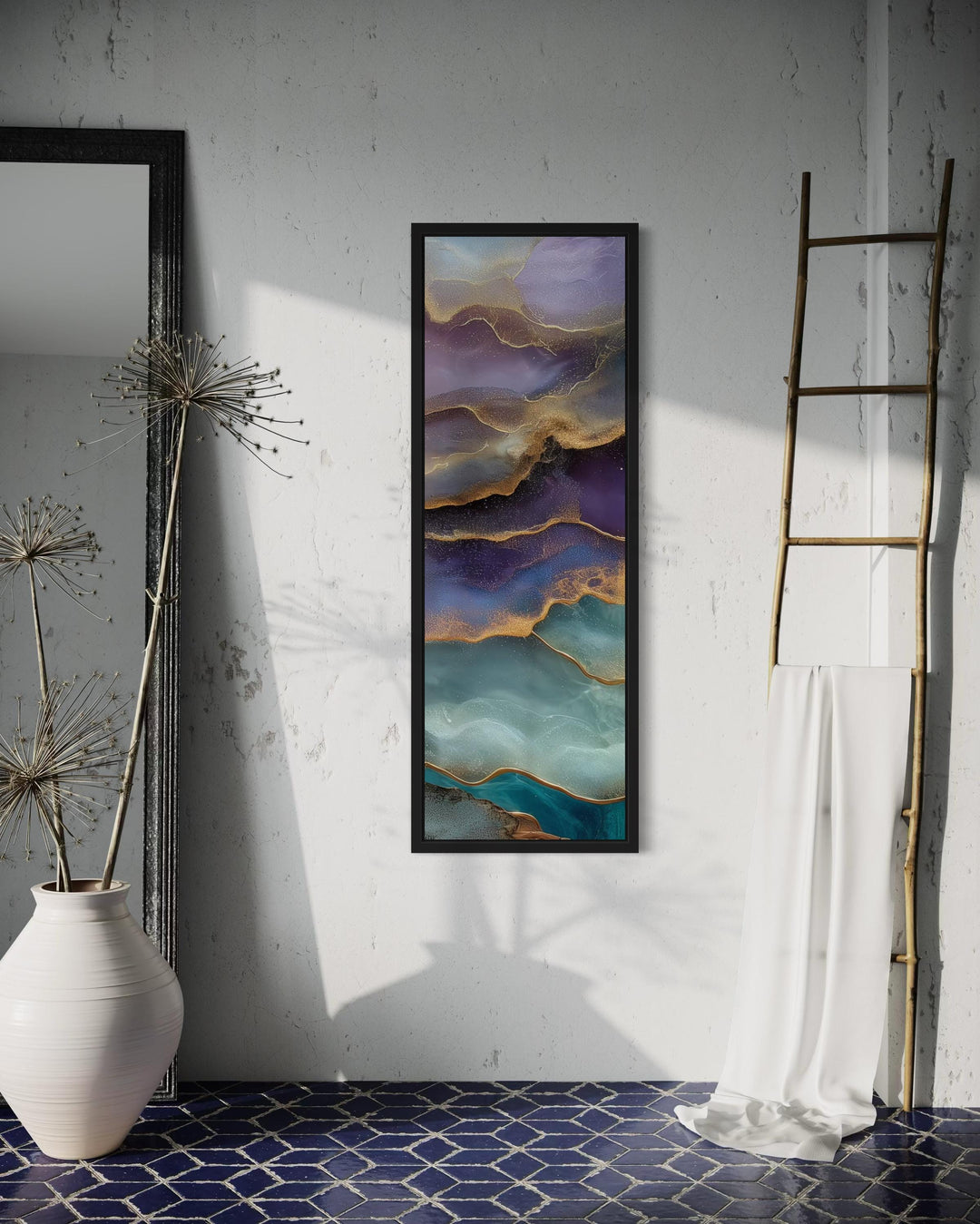 Tall Narrow Vertical Marble Inspired Abstract Teal Purple Green Canvas Wall Art