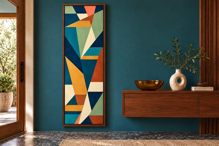 Tall narrow vertical mid-century modern geometric abstract canvas wall art in teal and ochre.