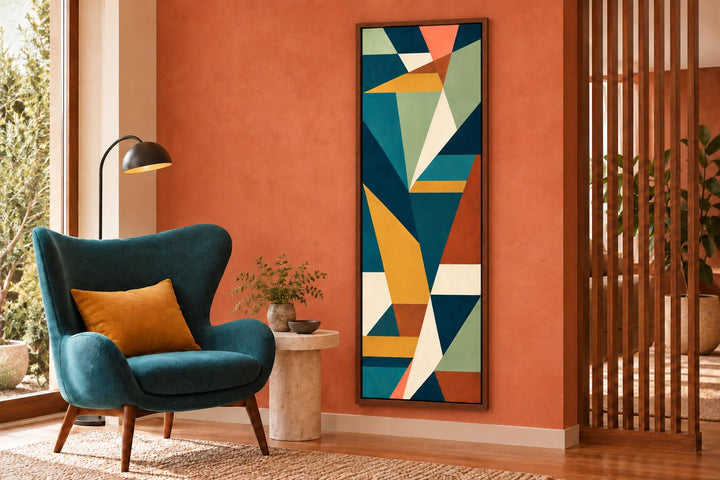 Tall narrow vertical mid-century modern geometric teal and ochre abstract canvas wall art.