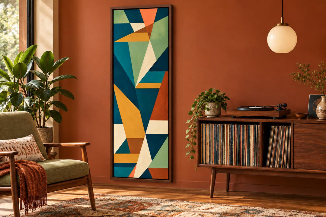 Tall narrow vertical mid-century modern geometric abstract canvas wall art in teal and ochre.
