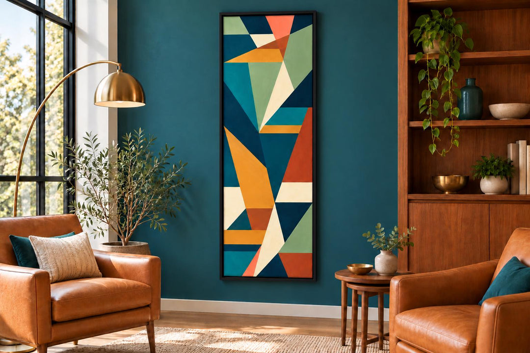 Tall narrow vertical mid-century modern geometric abstract canvas art in teal, ochre, and rust.