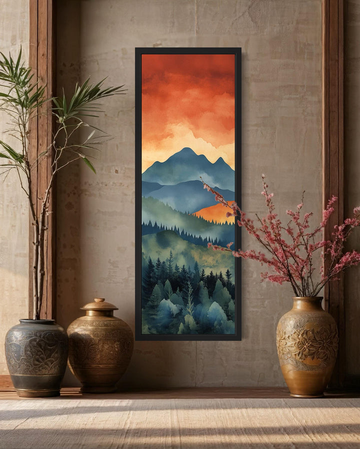 Tall Narrow Vertical Mountain Forest Sunset Landscape Canvas Wall Art