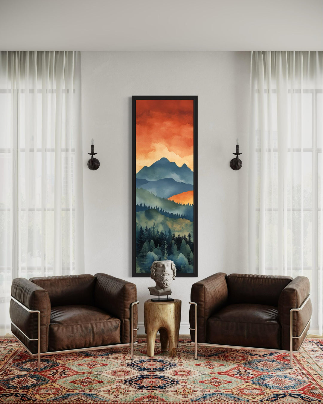 Tall Narrow Vertical Mountain Forest Sunset Landscape Canvas Wall Art