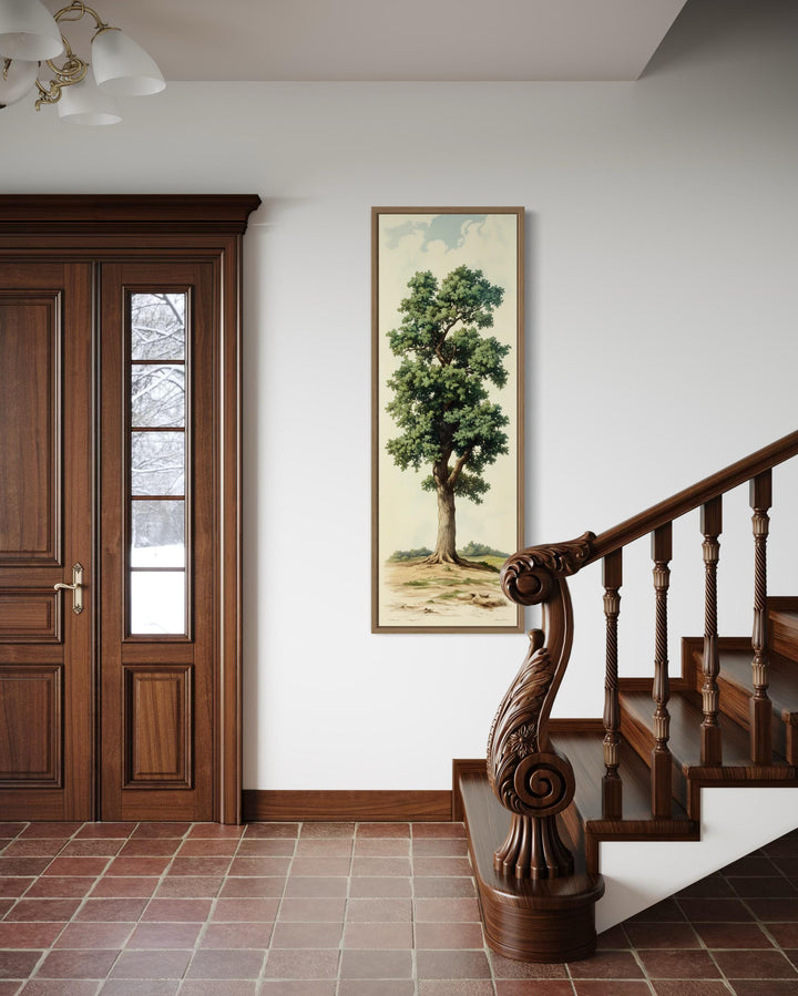 Tall Narrow Vertical Oak Tree Framed Canvas Wall Art