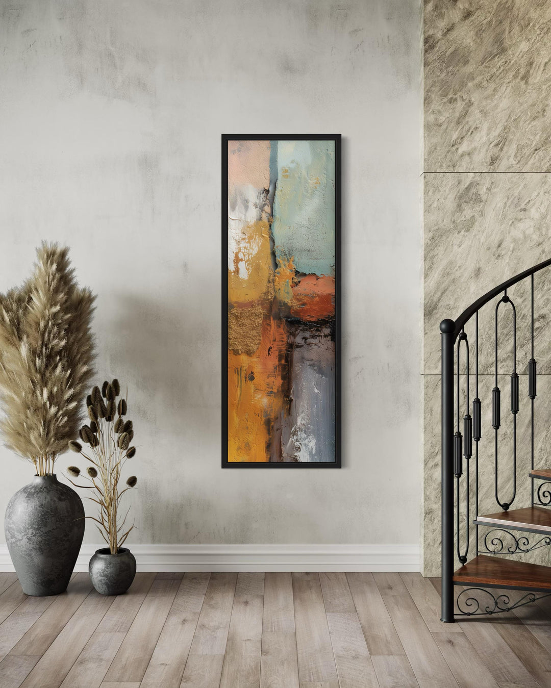 Tall Narrow Vertical Orange Blue Geometric Abstract Canvas Wall Art