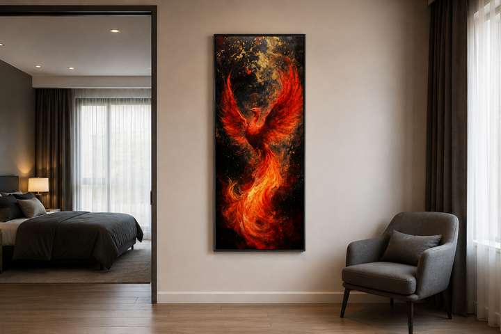 Tall narrow vertical framed canvas wall art featuring a fiery orange and red phoenix rising.