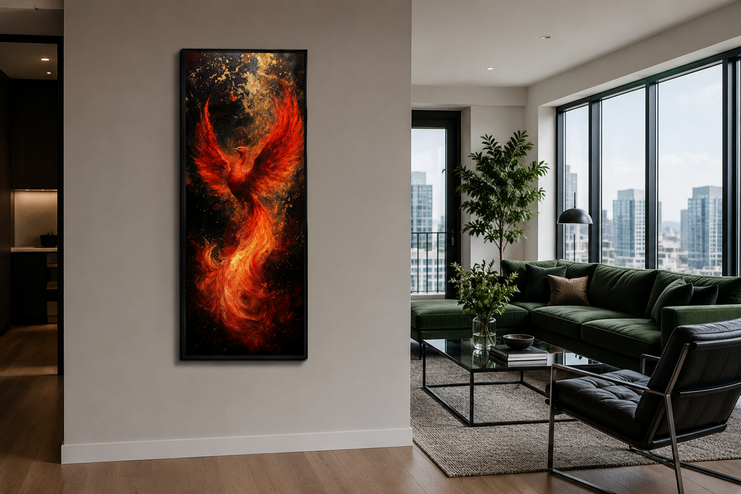 Tall narrow vertical framed canvas wall art featuring a fiery phoenix rising from orange flames.