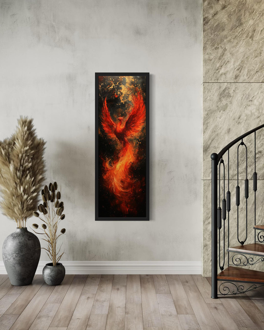 Tall narrow vertical framed canvas wall art featuring a fiery phoenix rising from orange flames.